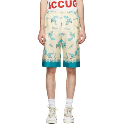 Shop Gucci Off-white & Blue Freya Hartas Edition Silk Shorts In 4262 Dp Turquois/ivo