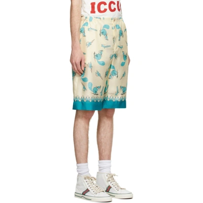 Shop Gucci Off-white & Blue Freya Hartas Edition Silk Shorts In 4262 Dp Turquois/ivo