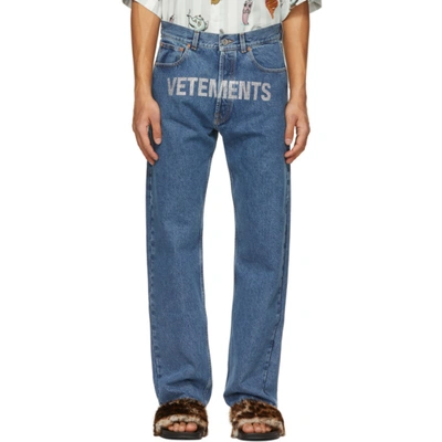 Shop Vetements Blue Crystal Logo Straight Jeans In Blue 14620082