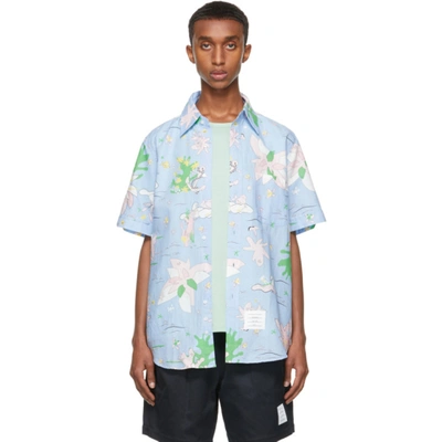 Shop Thom Browne Blue Graphic Print Straight-fit Short Sleeve Shirt In 480 Light B