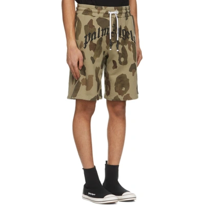 Shop Palm Angels Khaki Camo Curved Logo Lounge Shorts In Military Bl