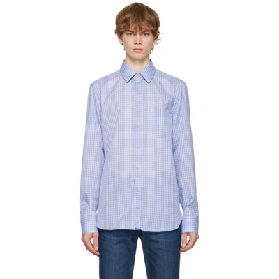 Shop Gucci Blue Mini Check Interlocking G Shirt In 4311 Azure/red/mc/mi