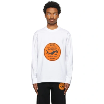 Shop Burberry White Shark Graphic Long Sleeve T-shirt