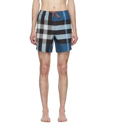 Shop Burberry Blue Check Martin Swim Shorts In Dark Cerulean Ip Ch