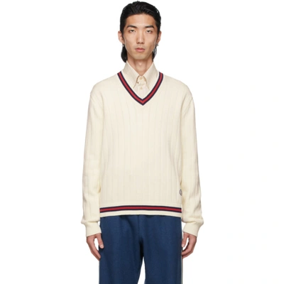 Shop Gucci Off-white Knit Web V-neck Sweater In 9182 Ivory/red/ink