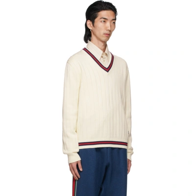 Shop Gucci Off-white Knit Web V-neck Sweater In 9182 Ivory/red/ink