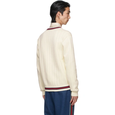 Shop Gucci Off-white Knit Web V-neck Sweater In 9182 Ivory/red/ink