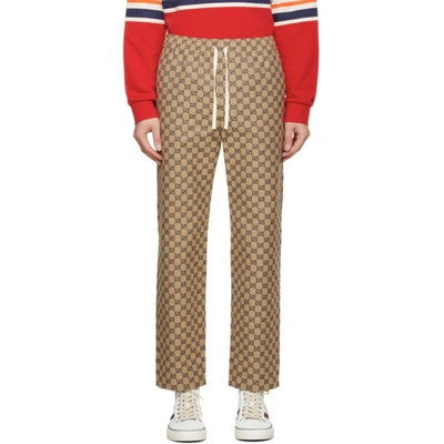 Shop Gucci Beige & Navy Canvas Gg Trousers In 9078 Paste/blue