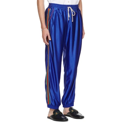 Shop Gucci Blue Shiny Jersey Web Track Pants In 4364 Bluette/mix