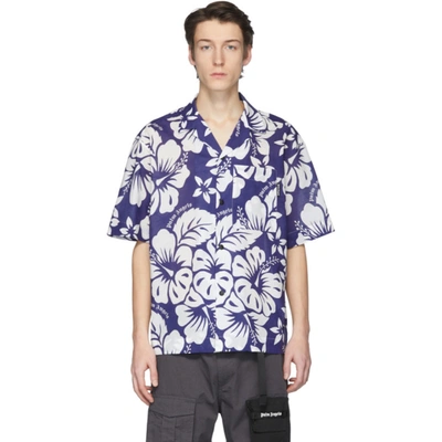 Shop Palm Angels Blue & White Hawaiian Bowling Shirt In 3001 Bluwht