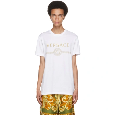 Shop Versace White & Gold Medusa Logo T-shirt In A2088 Whtgl