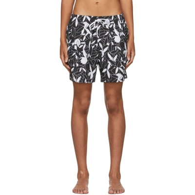 Shop Amiri Black & White Playboy Edition All Over Swim Shorts In Black-poly Spandex