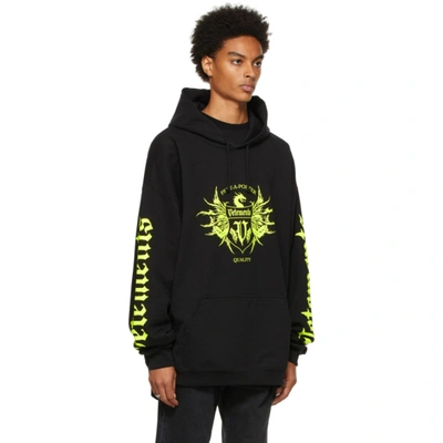 Shop Vetements Black Label Crest Hoodie In Black / Neon Yellow