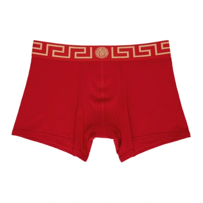 Shop Versace Red Greca Border Long Boxer Briefs In A9x2 Redgld