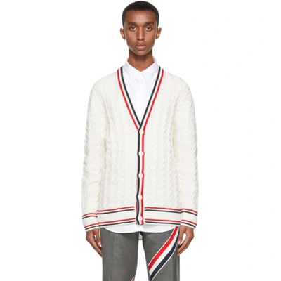 Shop Thom Browne White Heritage Cable Rwb Stripe Relaxed Fit Cardigan In 100 White