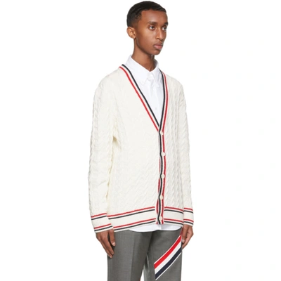 Shop Thom Browne White Heritage Cable Rwb Stripe Relaxed Fit Cardigan In 100 White
