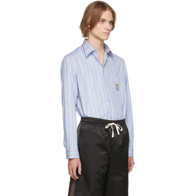 Shop Gucci Blue & Beige Striped Cat Patch Boxy Shirt In 4263 Baby Blue/beige