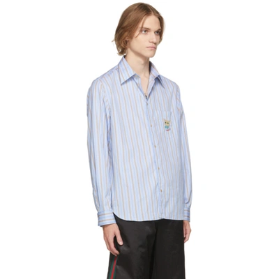 Shop Gucci Blue & Beige Striped Cat Patch Boxy Shirt In 4263 Baby Blue/beige
