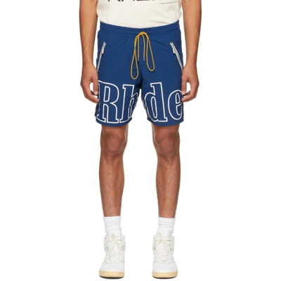 Shop Rhude Blue Logo Shorts In Navy