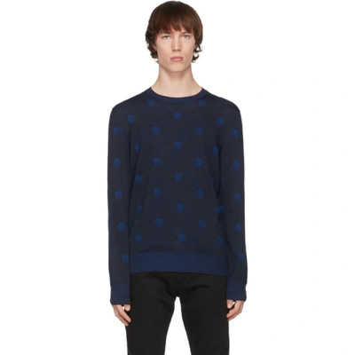 Shop Alexander Mcqueen Navy Wool Skull Sweater In 4148 Navy/sapphire