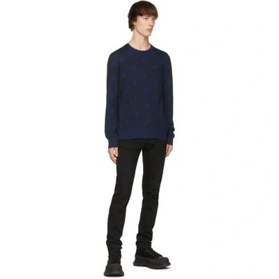 Shop Alexander Mcqueen Navy Wool Skull Sweater In 4148 Navy/sapphire