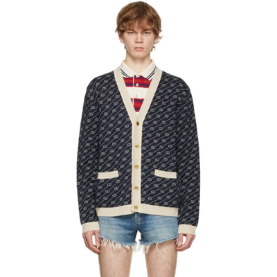 Shop Gucci Navy & Off-white Gg Jacquard Cardigan In 4492 Blue/ivory