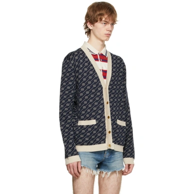 Shop Gucci Navy & Off-white Gg Jacquard Cardigan In 4492 Blue/ivory