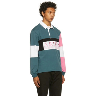 Shop Aries Blue & Pink Colorblocked Rugby Long Sleeve Polo In Petrol