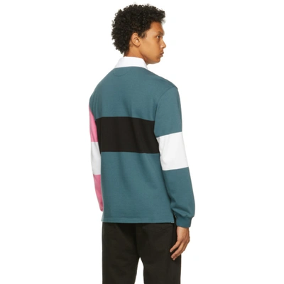 Shop Aries Blue & Pink Colorblocked Rugby Long Sleeve Polo In Petrol
