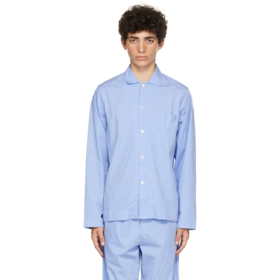 Shop Tekla Blue & White Poplin Striped Pyjama Shirt In Pin Stripes
