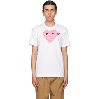 Shop Comme Des Garçons Play White & Pink Big Heart T-shirt