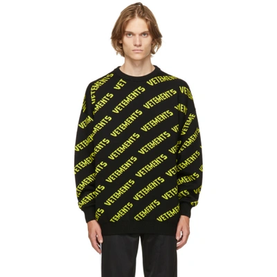 Shop Vetements Black & Yellow Allover Logo Sweater In Black / Neon Yellow