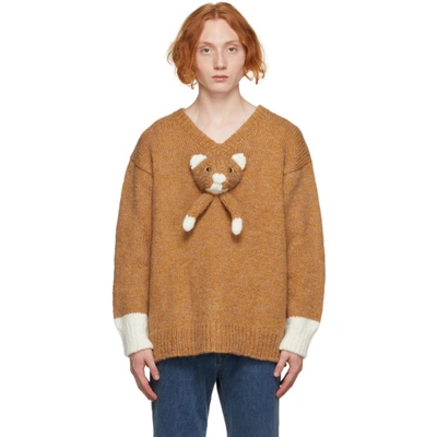 Shop Doublet Brown & White Knit Cat V-neck Sweater In Camel