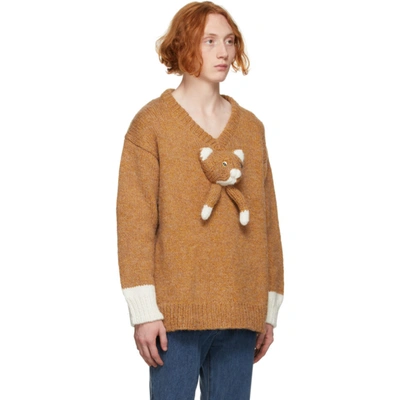 Shop Doublet Brown & White Knit Cat V-neck Sweater In Camel