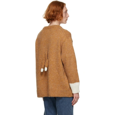 Shop Doublet Brown & White Knit Cat V-neck Sweater In Camel