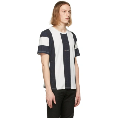 Shop Saint Laurent White & Black Striped Rive Gauche Logo T-shirt In 9763 Decblk