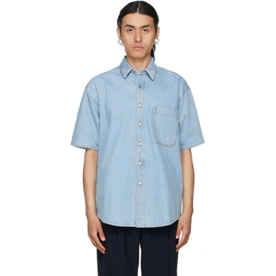 Shop Nanushka Blue Denim Avery Short Sleeve Shirt In Light Wash