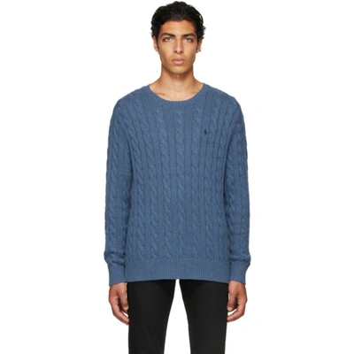 Shop Polo Ralph Lauren Blue Cable Knit Cotton Crewneck Sweater In Derby Blue Heather