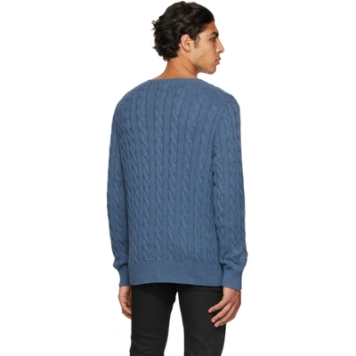 Shop Polo Ralph Lauren Blue Cable Knit Cotton Crewneck Sweater In Derby Blue Heather