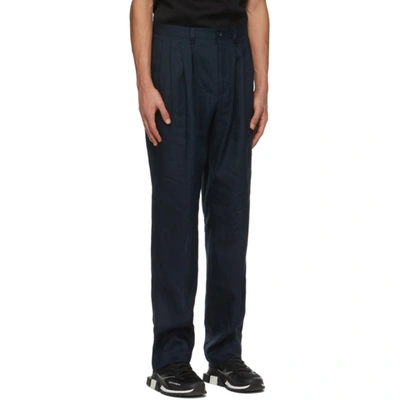 Shop Dolce & Gabbana Navy Linen Pleated Trousers In B0011 Navy