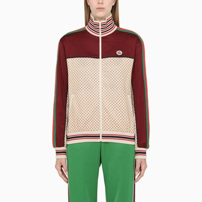 Shop Gucci Beige And Bordeaux Jacket In Jersey With Gg Logo Print In ["beige", "burgundy", "multicolor"]