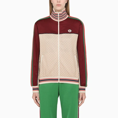 Gucci Beige And Bordeaux Jacket In Jersey With Gg Logo Print In ["beige", "burgundy", "multicolor"]
