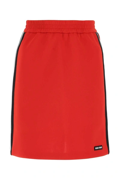 Shop Miu Miu Logo Patched Jersey Skirt In Red