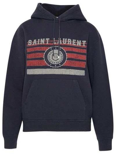 Shop Saint Laurent Logo Print Drawstring Hoodie In Navy