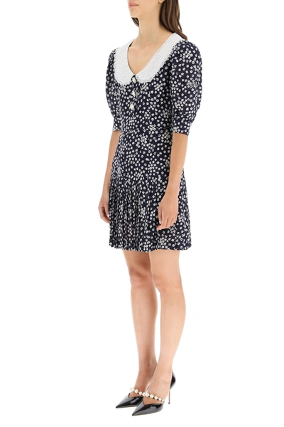 Shop Alessandra Rich Mini Dress With Lace Collar And Jewel Buttons In Blue
