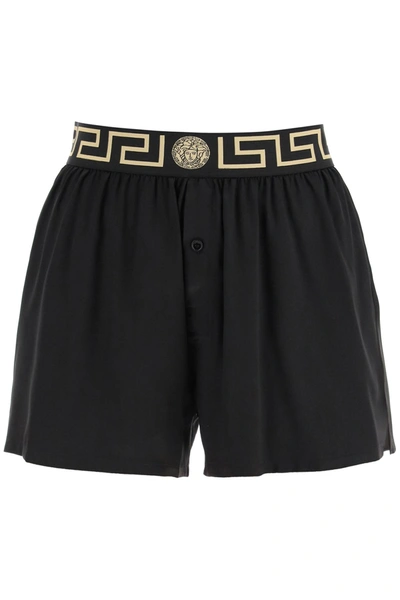 Shop Versace Silk Satin Shorts With Greca In Mixed Colours