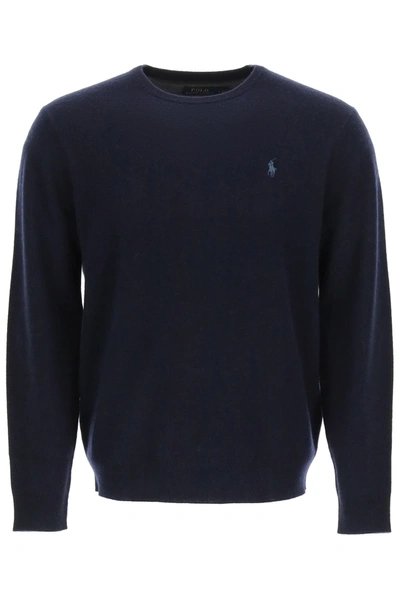 Shop Polo Ralph Lauren Wool Sweater With Embroidered Pony In Blue
