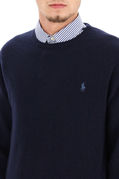 Shop Polo Ralph Lauren Wool Sweater With Embroidered Pony In Blue