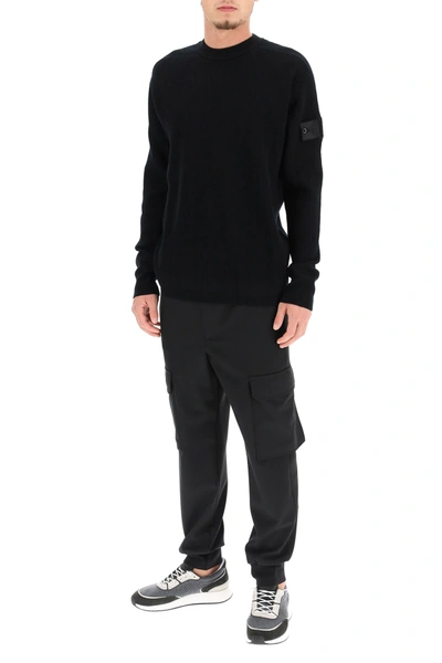 Shop Stone Island Shadow Project Textured Wool Blend Crewneck Sweater In Black