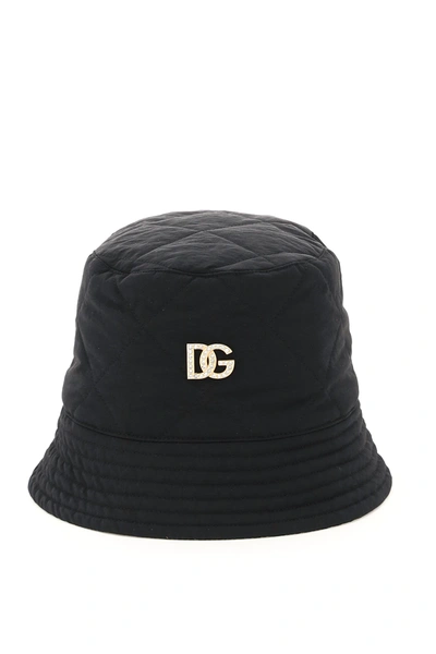 Shop Dolce & Gabbana Quilted Nylon Bucket Hat With Logo In Black